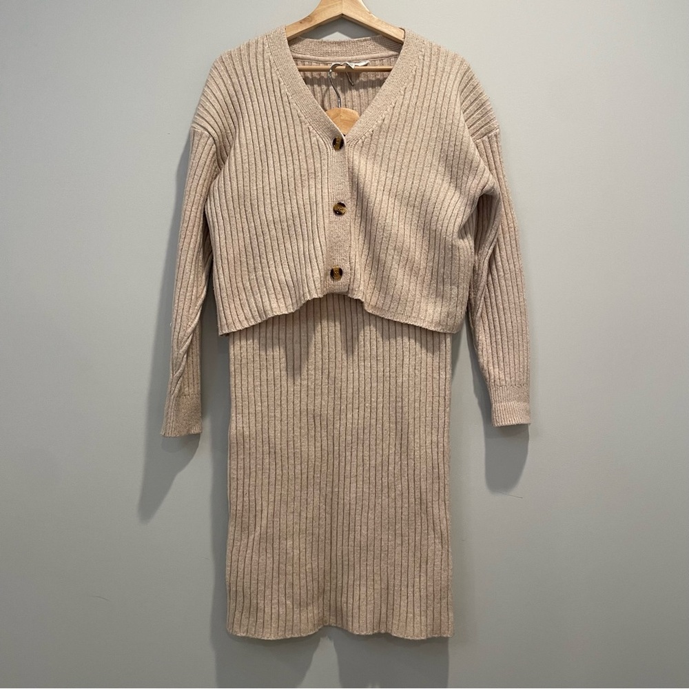 2 Piece Beige Ribbed Knit Cardigan and Skirt Set